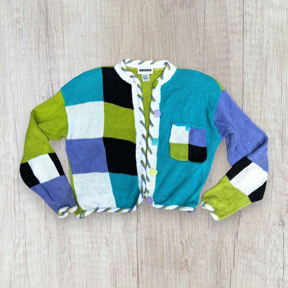 GANTOS Vintage 80s 90s Blue Green Colorblock Squares Geometric Cardigan Sweater